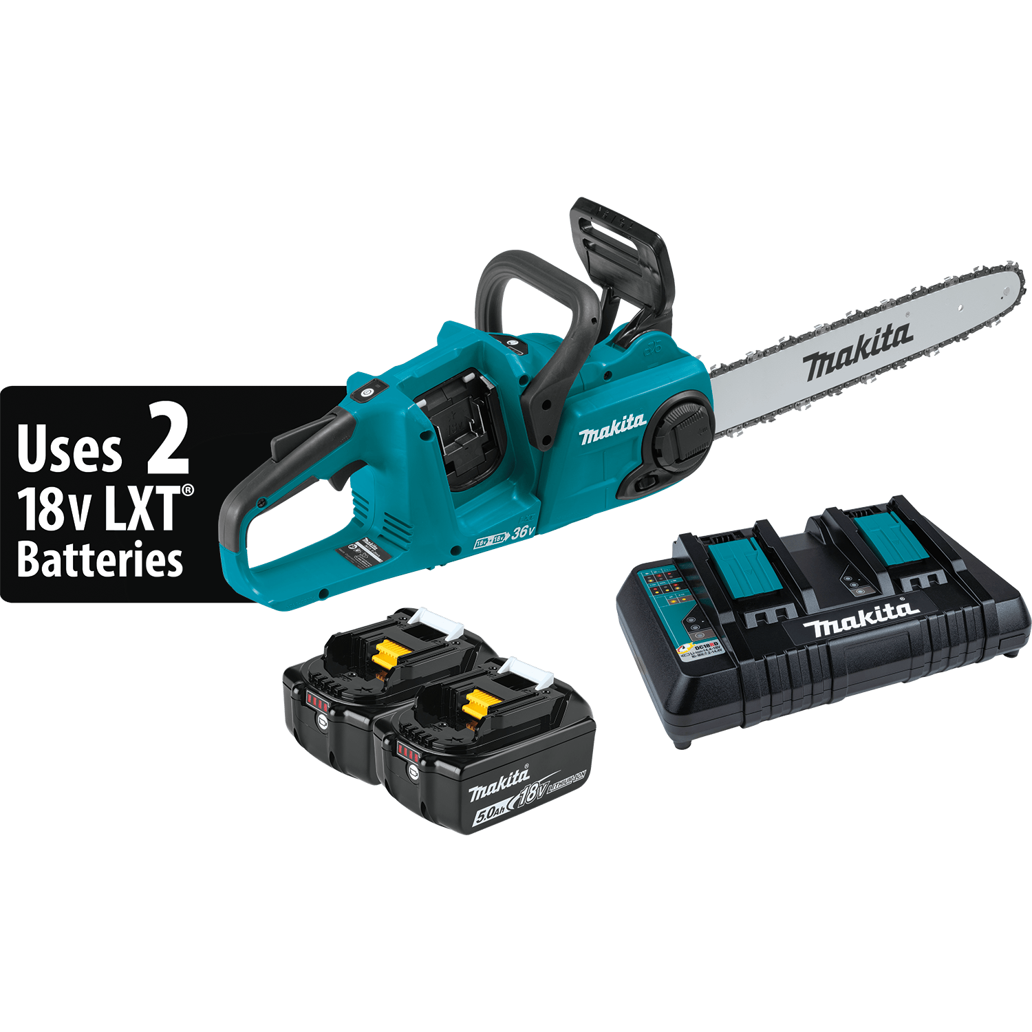 Makita XCU04PT 36V 18V X2 LXT 16-inch brushless chainsaw kit including two 5.0Ah lithium-ion batteries and a dual-port rapid charger.