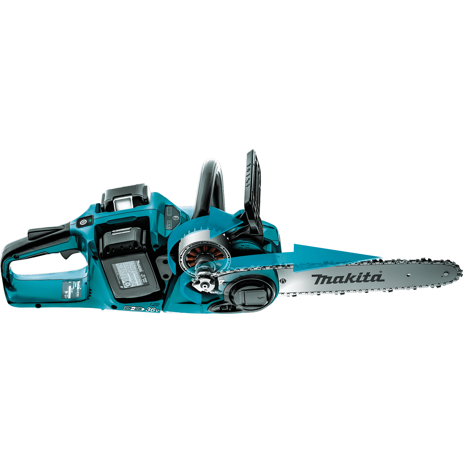 Cutaway graphic illustrating the outer rotor BL brushless direct-drive motor assembly on the Makita XCU04 36V 16-inch chainsaw.