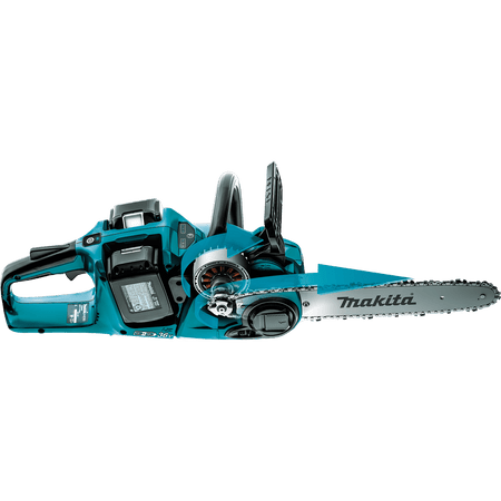 Cutaway graphic illustrating the outer rotor BL brushless direct-drive motor assembly on the Makita XCU04 36V 16-inch chainsaw.
