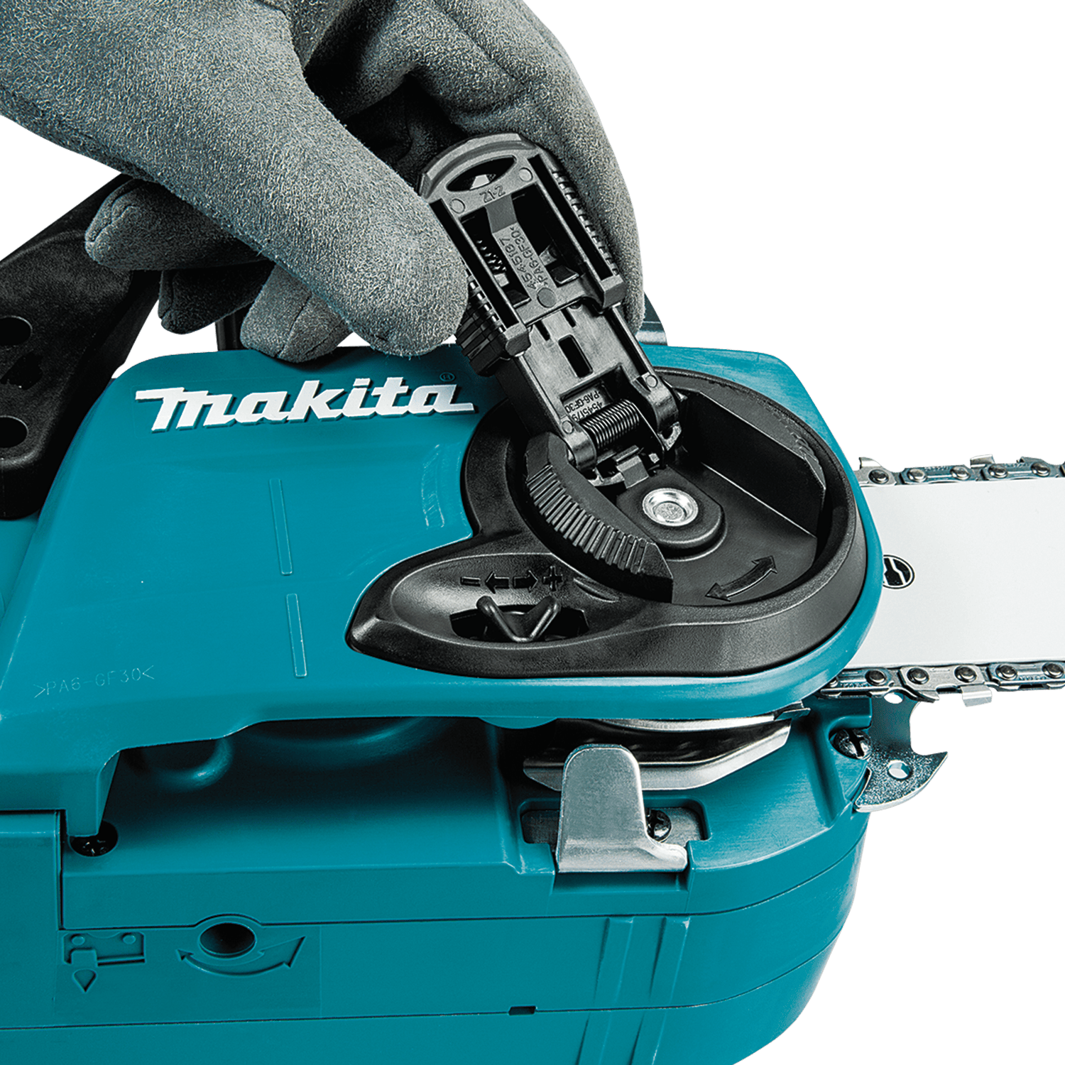Gloved hand rotating the tool-less chain tensioning lever on the side cover of the Makita XCU04 36V 16-inch brushless chainsaw.