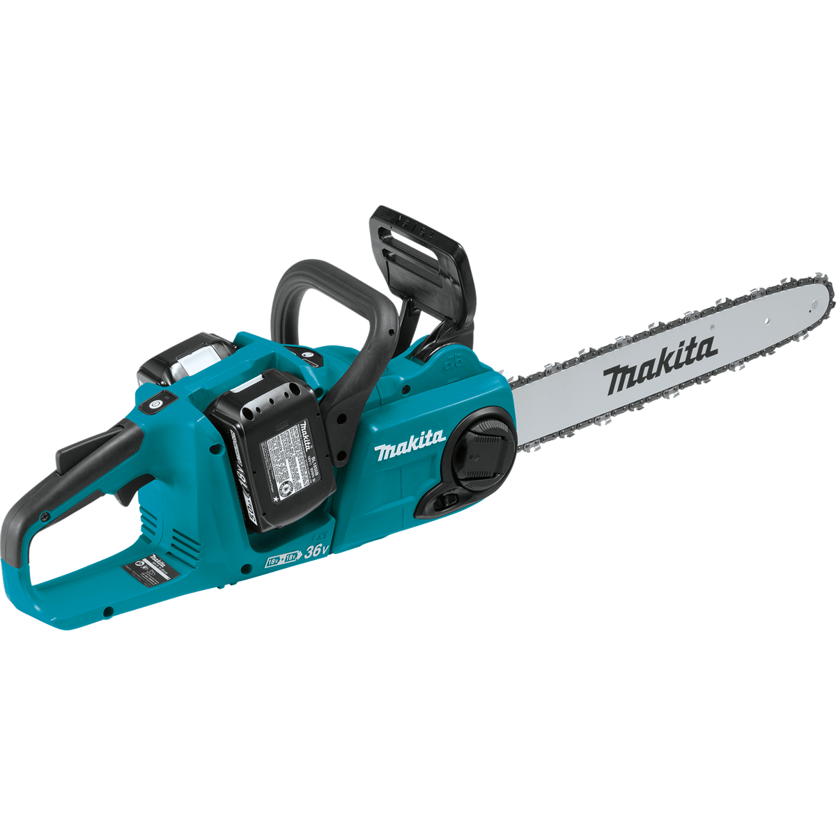 Side view of the Makita XCU04 36V cordless chainsaw showing dual 18V battery ports, rear handle controls, and 16-inch guide bar setup.