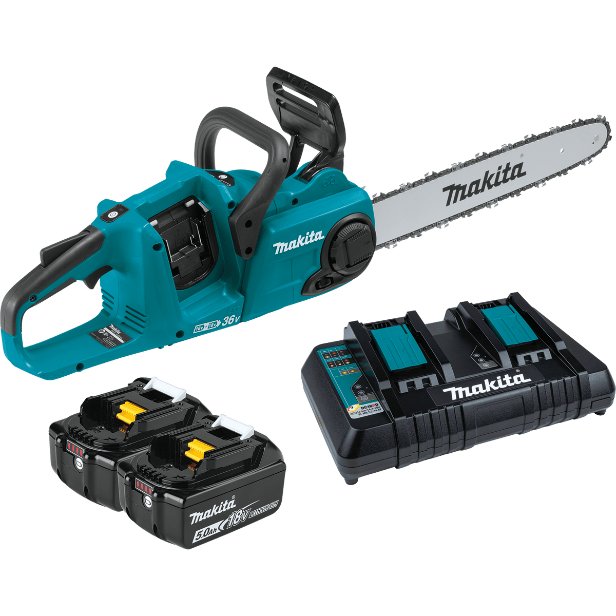 Full Makita XCU04PT cordless chainsaw kit laid out with the 16-inch rear-handle saw, two 18V 5.0Ah batteries, and a dual-port rapid charger.