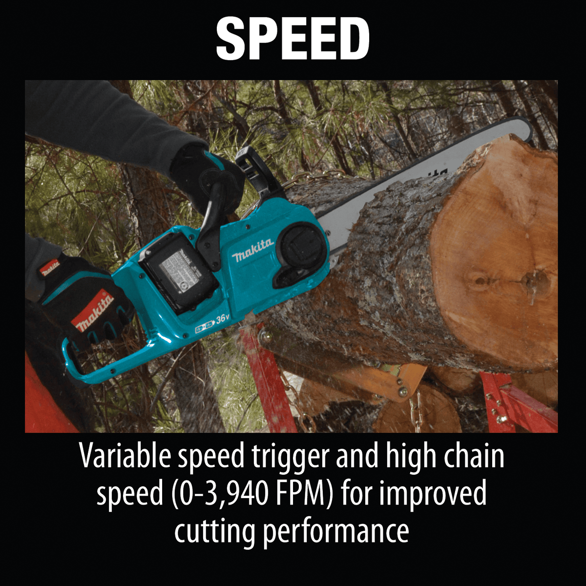 Landscaper cutting a thick downed log with the Makita XCU04PT 36V brushless chainsaw operating at 3,940 FPM chain speed.