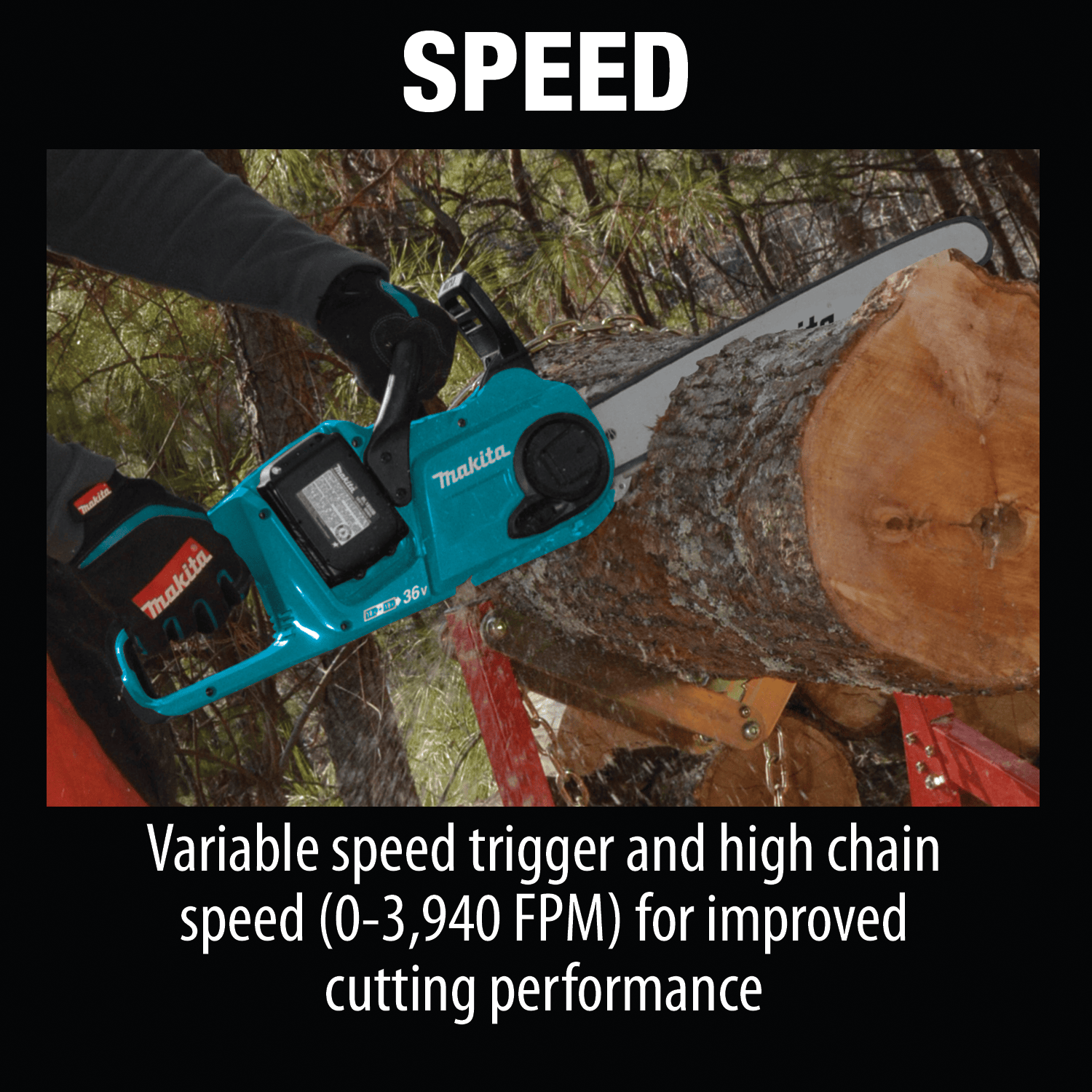 Landscaper cutting a thick downed log with the Makita XCU04PT 36V brushless chainsaw operating at 3,940 FPM chain speed.
