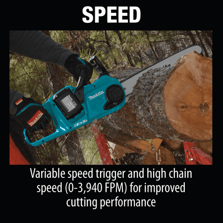 Landscaper cutting a thick downed log with the Makita XCU04PT 36V brushless chainsaw operating at 3,940 FPM chain speed.