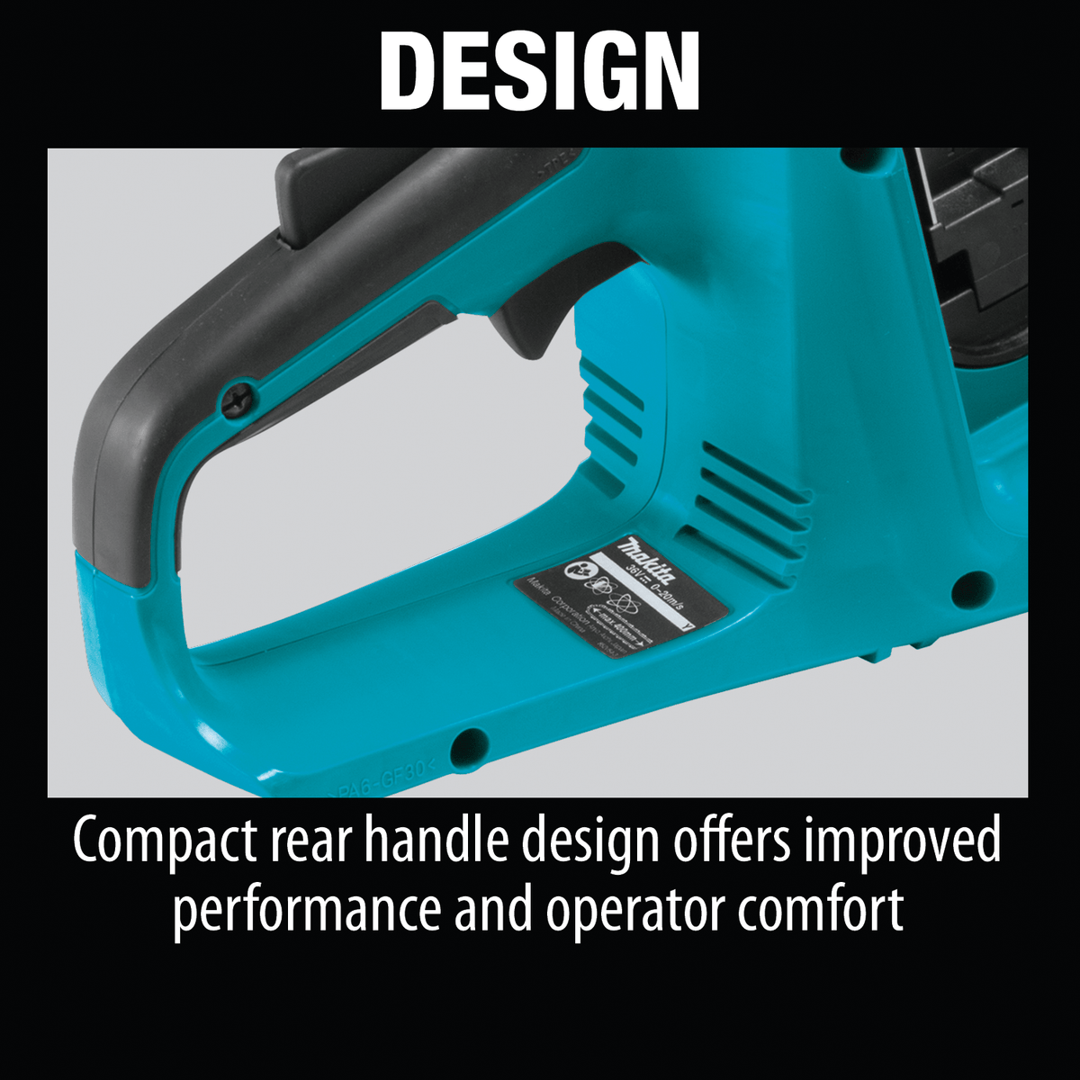 Close-up of the ergonomic rear handle grip and lock-off safety switch on the Makita XCU04 36V cordless chainsaw.