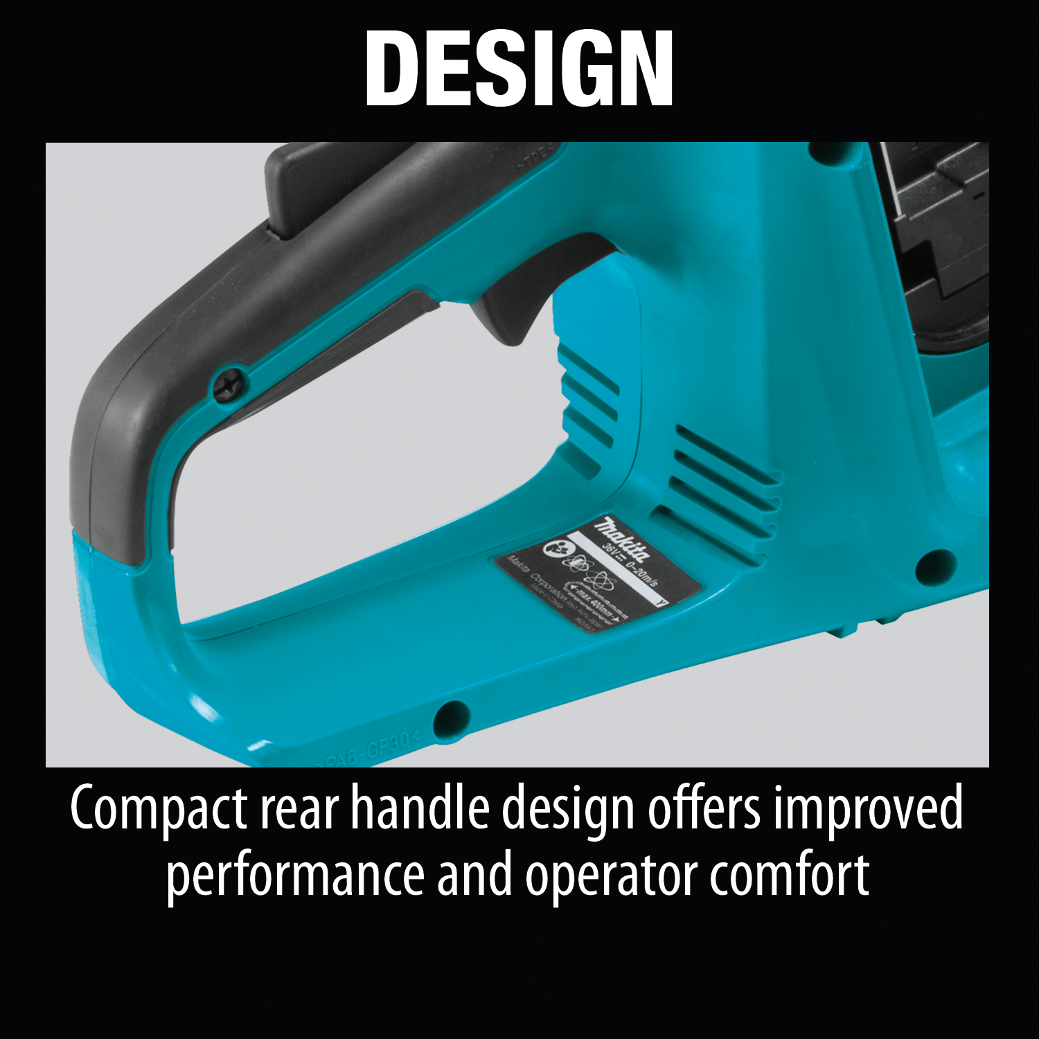 Close-up of the ergonomic rear handle grip and lock-off safety switch on the Makita XCU04 36V cordless chainsaw.