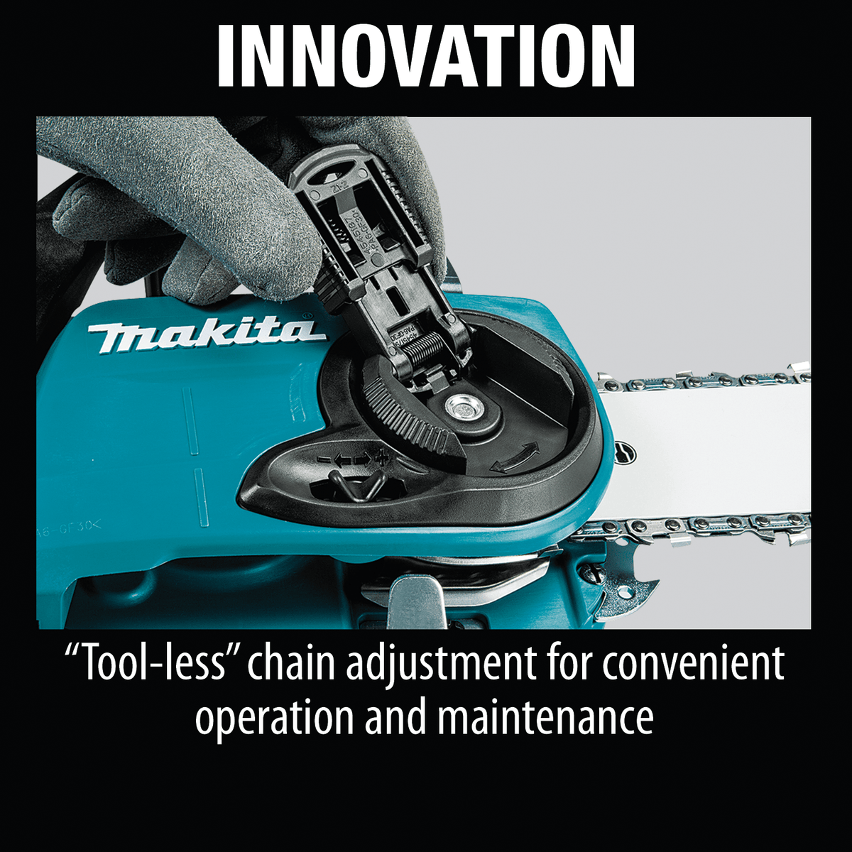 Gloved operator lifting the tool-less chain tensioning lever on the Makita XCU04 chainsaw for quick field chain adjustments.