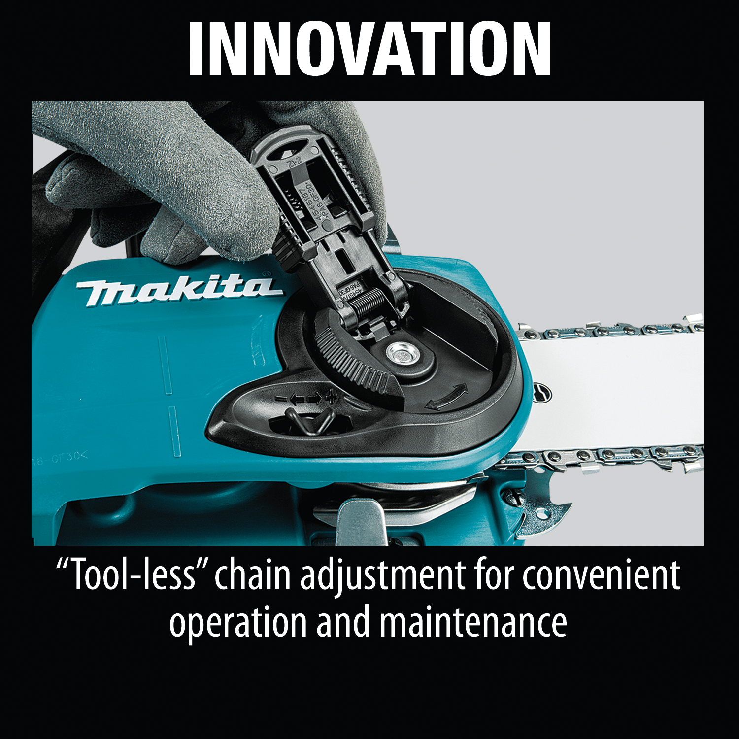 Gloved operator lifting the tool-less chain tensioning lever on the Makita XCU04 chainsaw for quick field chain adjustments.