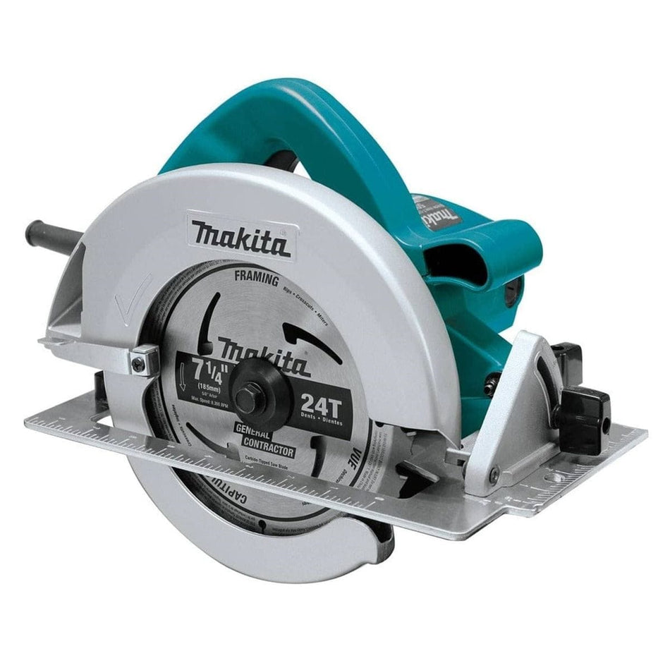 Makita 5007F 7-1/4-inch circular saw featuring a 15 Amp motor, aluminum wraparound shoe plate, and 24T carbide framing blade.