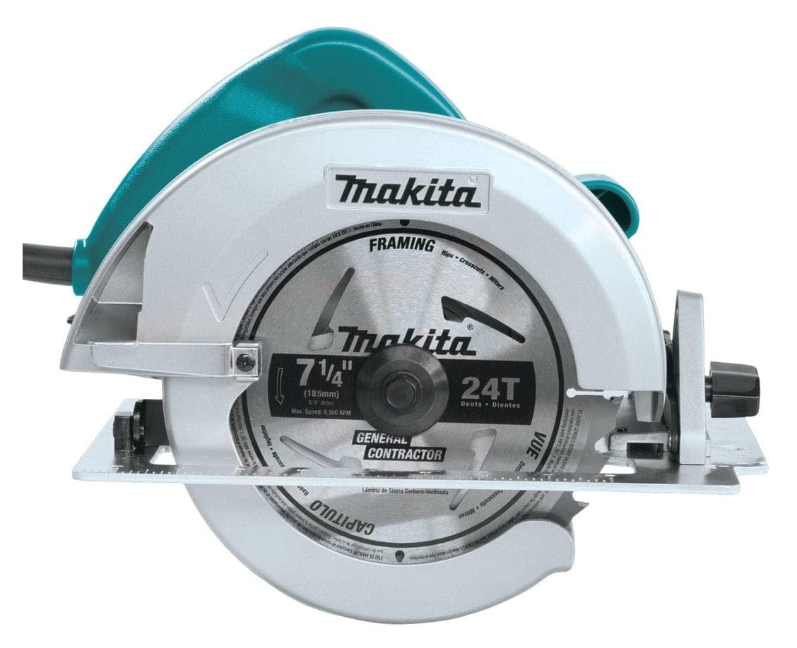 Side view of Makita 5007F circular saw highlighting the lower aluminum blade guard, depth adjustment lever, and 5/8-inch arbor layout.