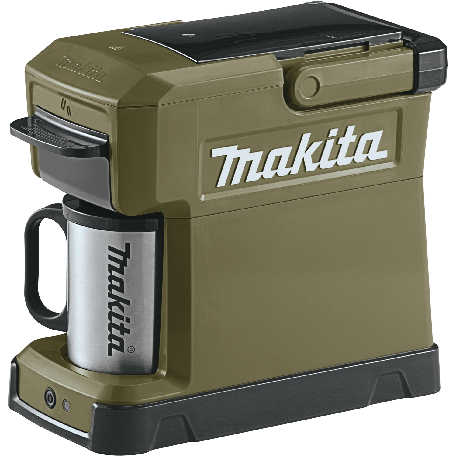Makita ADCM501Z Outdoor Adventure 18V LXT portable coffee maker with included stainless steel mug sitting in the brewing cup recess.