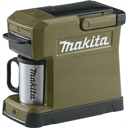 Makita ADCM501Z Outdoor Adventure 18V LXT portable coffee maker with included stainless steel mug sitting in the brewing cup recess.