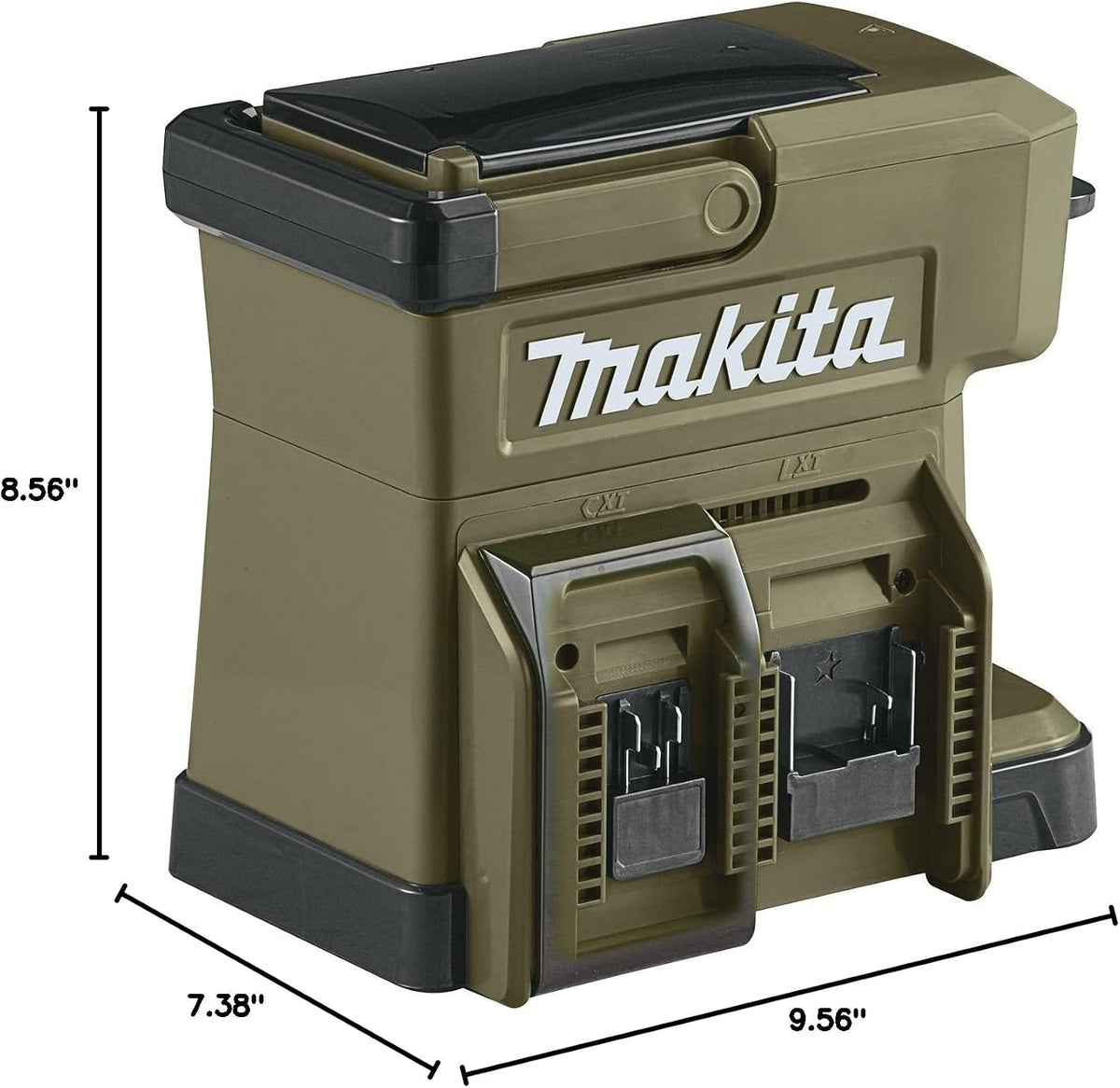 Dimensions diagram of the Makita ADCM501Z coffee maker measuring 8.56 inches high, 7.38 inches wide, and 9.56 inches deep.