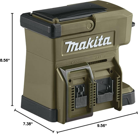 Dimensions diagram of the Makita ADCM501Z coffee maker measuring 8.56 inches high, 7.38 inches wide, and 9.56 inches deep.