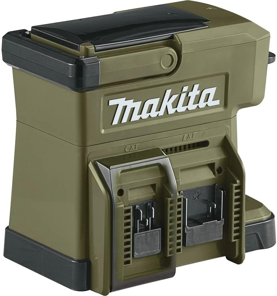 Rear view of the Makita ADCM501Z coffee maker displaying the dual battery terminal ports for 18V LXT and 12V max CXT lithium-ion batteries.