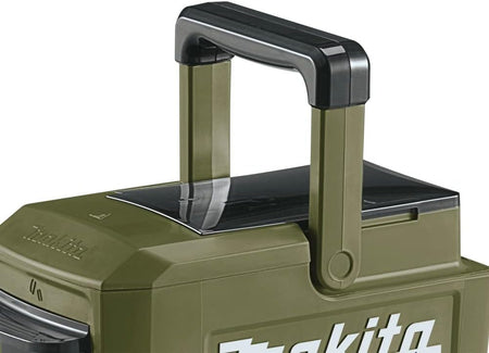 Top view of the Makita ADCM501Z cordless coffee maker highlighting the extended folding top transport handle for jobsite mobility.