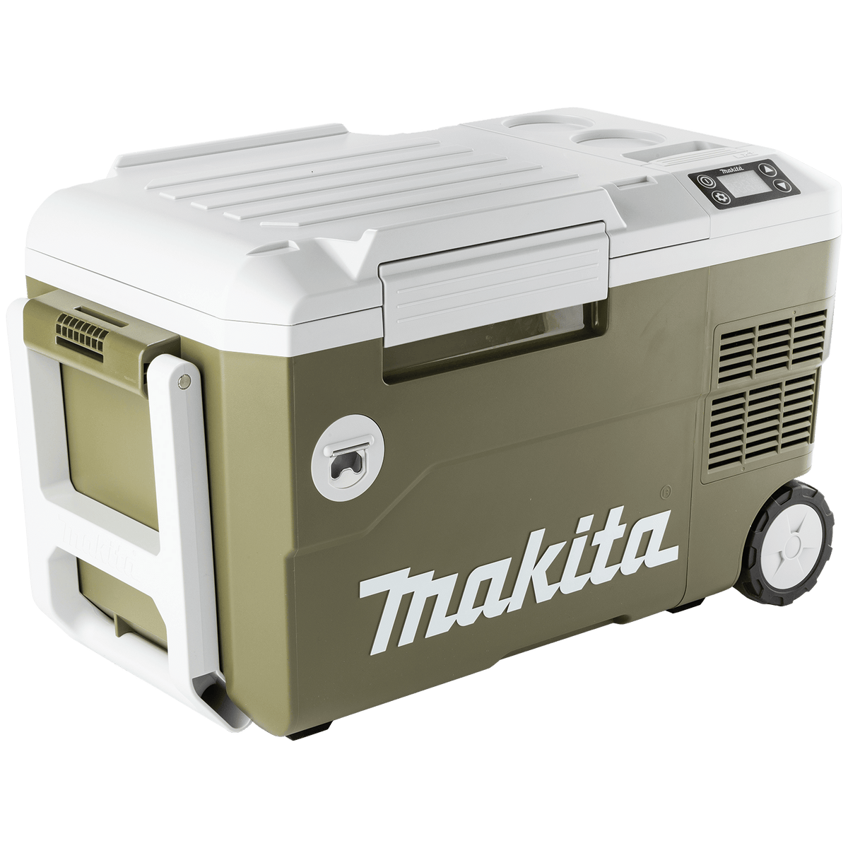 Makita ADCW180Z Outdoor Adventure 21-quart cooler and warmer displaying its compressor housing, LED control screen, and built-in wheels.
