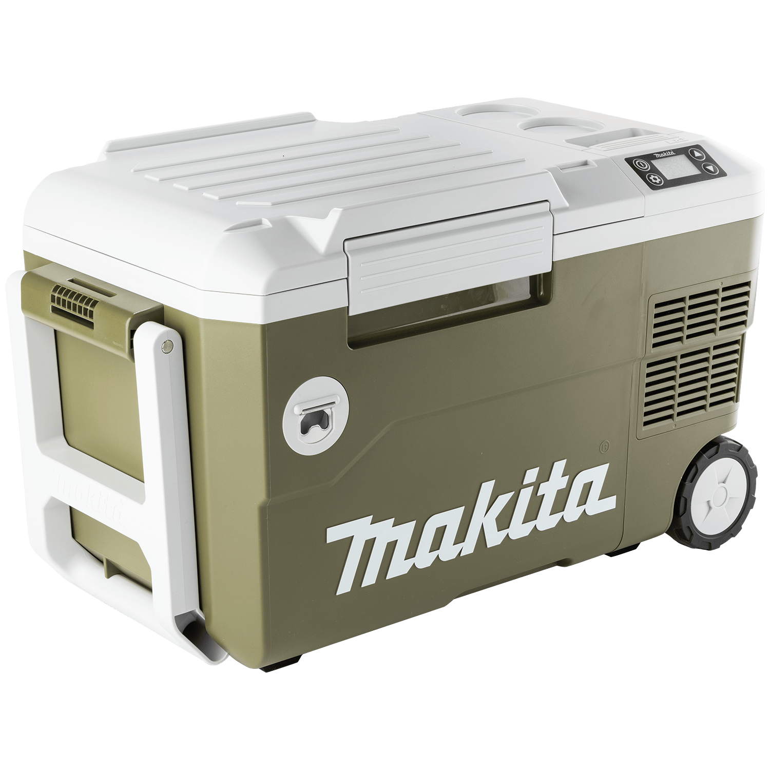 Makita ADCW180Z Outdoor Adventure 21-quart cooler and warmer displaying its compressor housing, LED control screen, and built-in wheels.