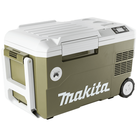 Makita ADCW180Z Outdoor Adventure 21-quart cooler and warmer displaying its compressor housing, LED control screen, and built-in wheels.
