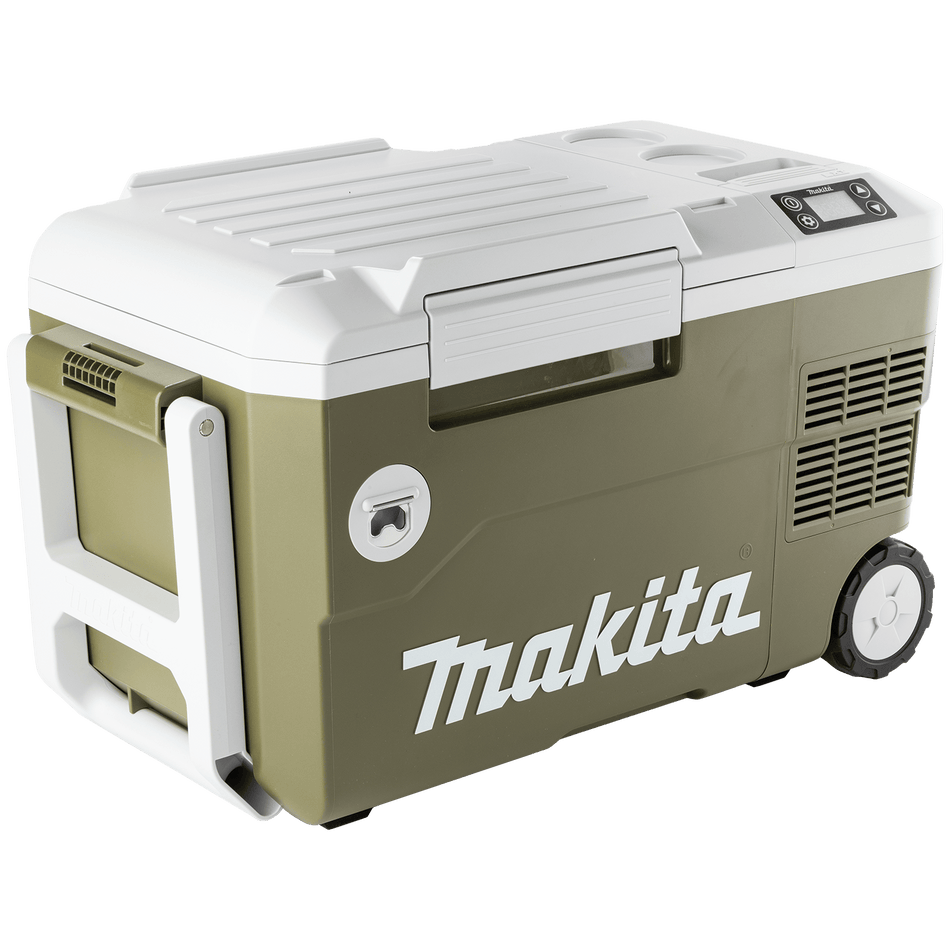 Makita ADCW180Z Outdoor Adventure 21-quart cooler and warmer displaying its compressor housing, LED control screen, and built-in wheels.