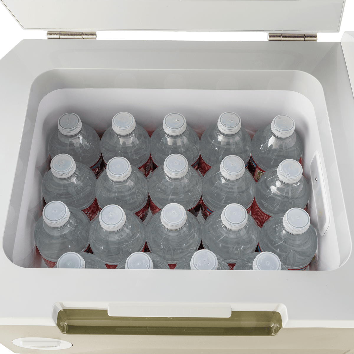 Top-down view inside the 21-quart Makita ADCW180Z cooler filled with twenty 16.9-ounce water bottles to demonstrate storage capacity.