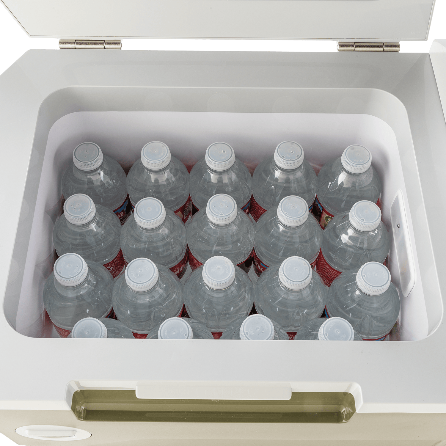 Top-down view inside the 21-quart Makita ADCW180Z cooler filled with twenty 16.9-ounce water bottles to demonstrate storage capacity.