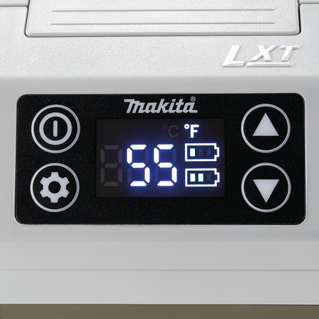 Digital LCD control panel on the Makita ADCW180Z cooler displaying an active 15°F temperature setting and dual battery charge gauges.