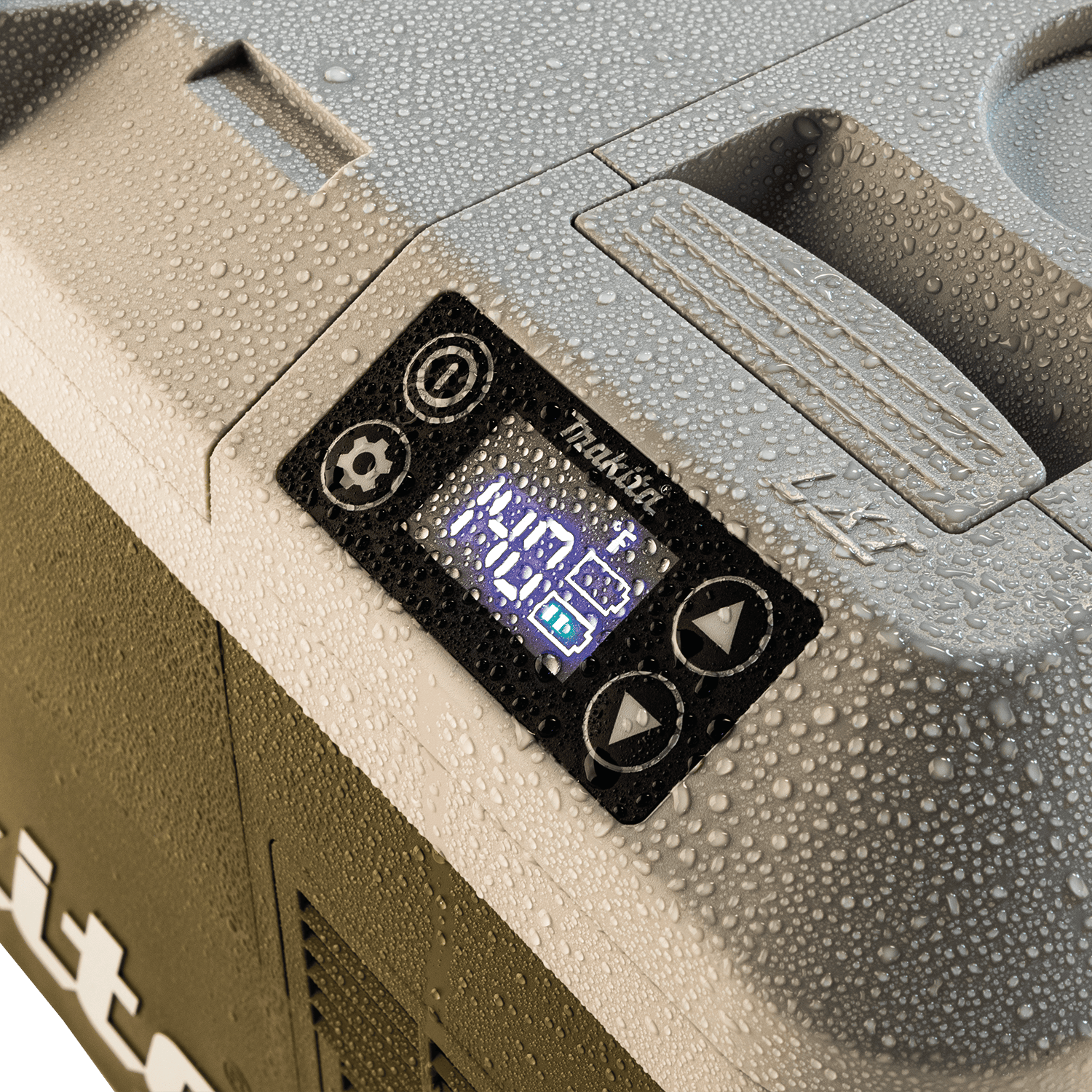 Water droplets on the IPX4 weather-resistant control panel of the Makita ADCW180Z cooler displaying a sub-freezing temperature reading.