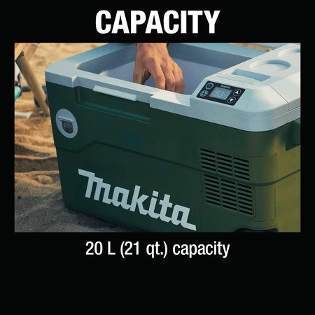 Callout graphic of the Makita ADCW180Z cooler showing its 20-liter 21-quart interior capacity for storing cold food and drinks off-grid.