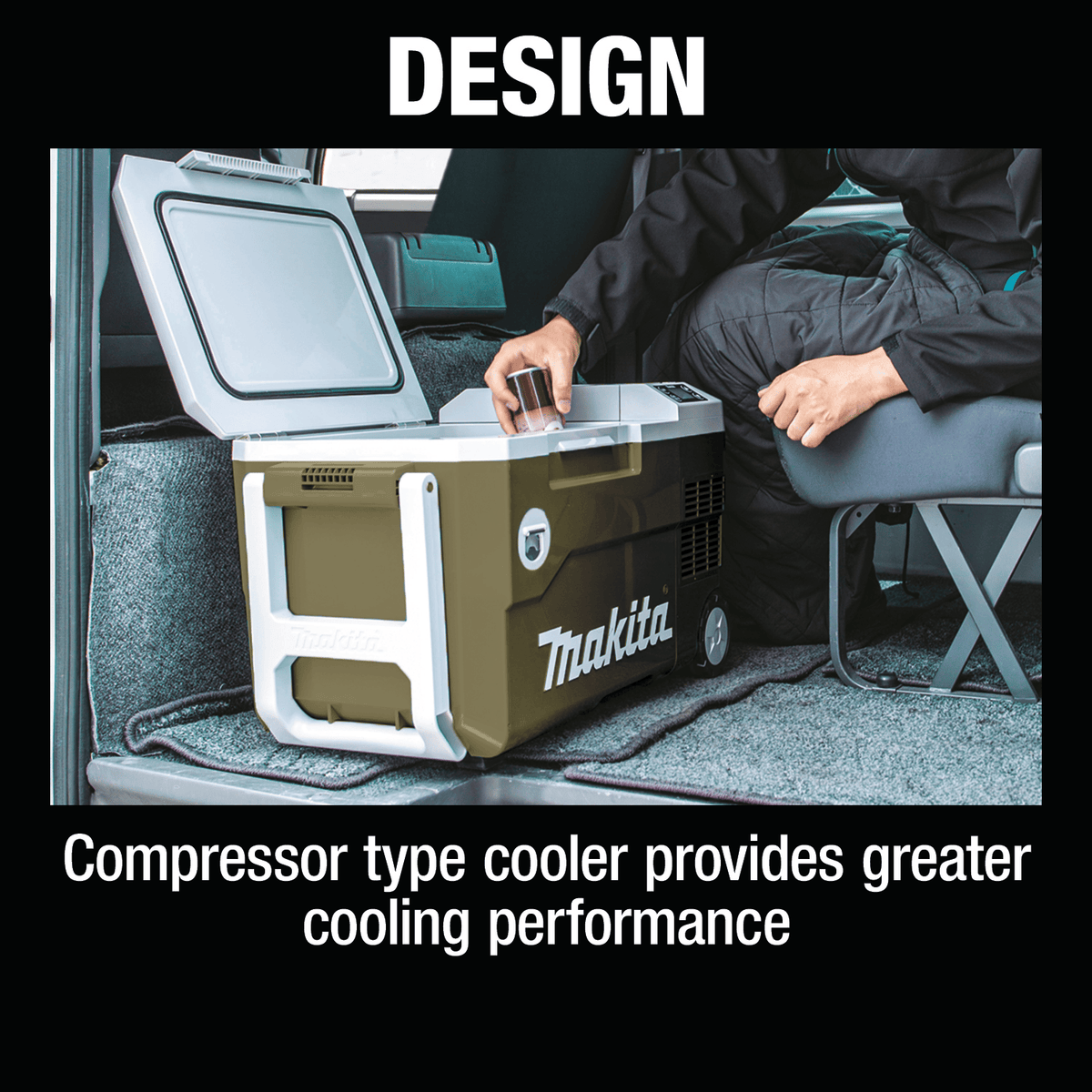 Traveler grabbing a cold beverage from the top of the open Makita ADCW180Z 21-quart compressor cooler inside a camper van.