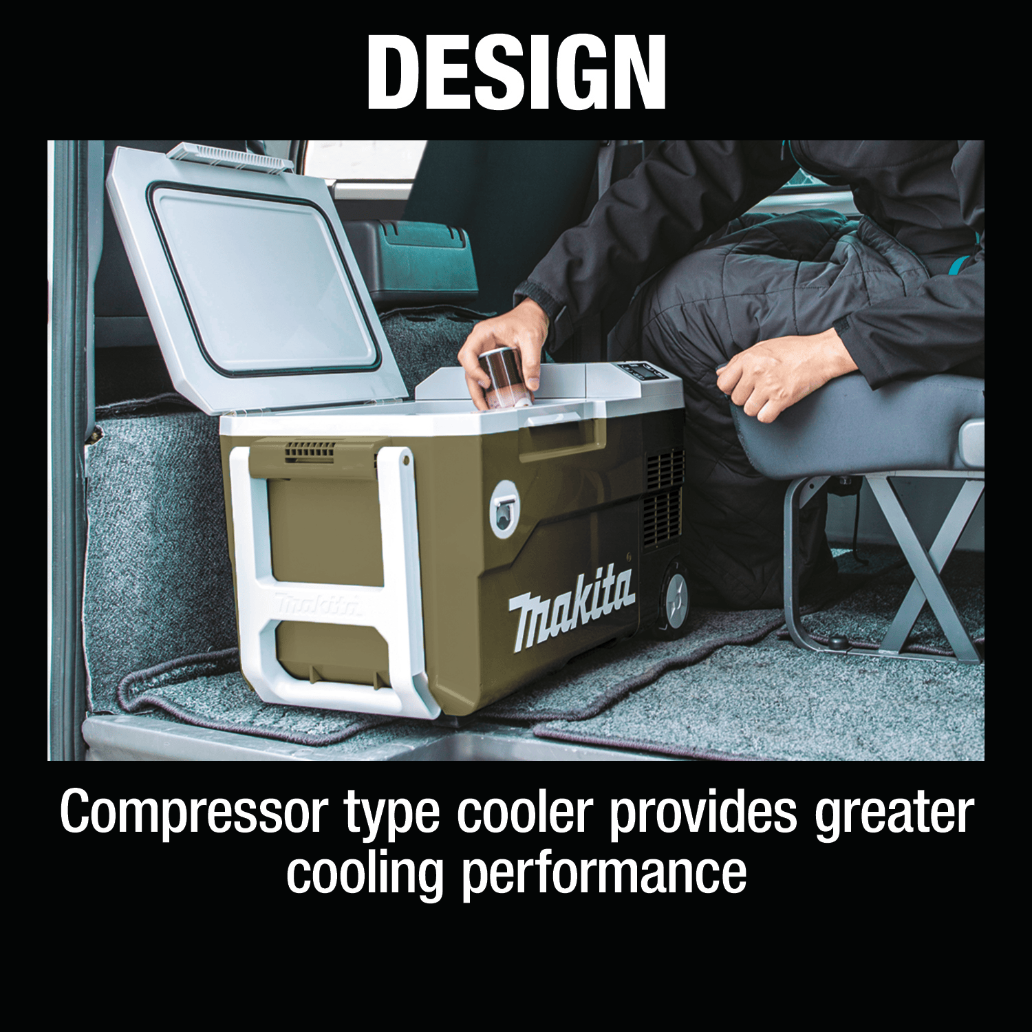 Traveler grabbing a cold beverage from the top of the open Makita ADCW180Z 21-quart compressor cooler inside a camper van.