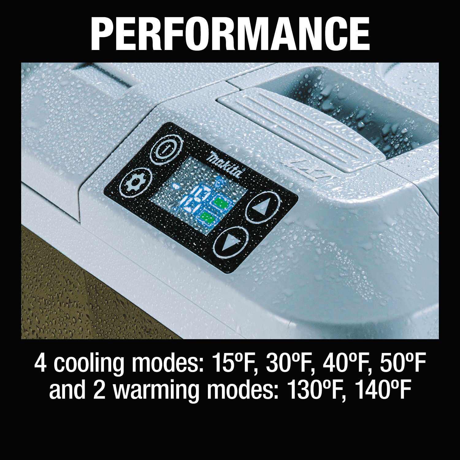 Callout graphic detailing the 4 cooling modes (15°F, 30°F, 40°F, 50°F) and 2 warming modes (130°F, 140°F) on the Makita ADCW180Z unit.