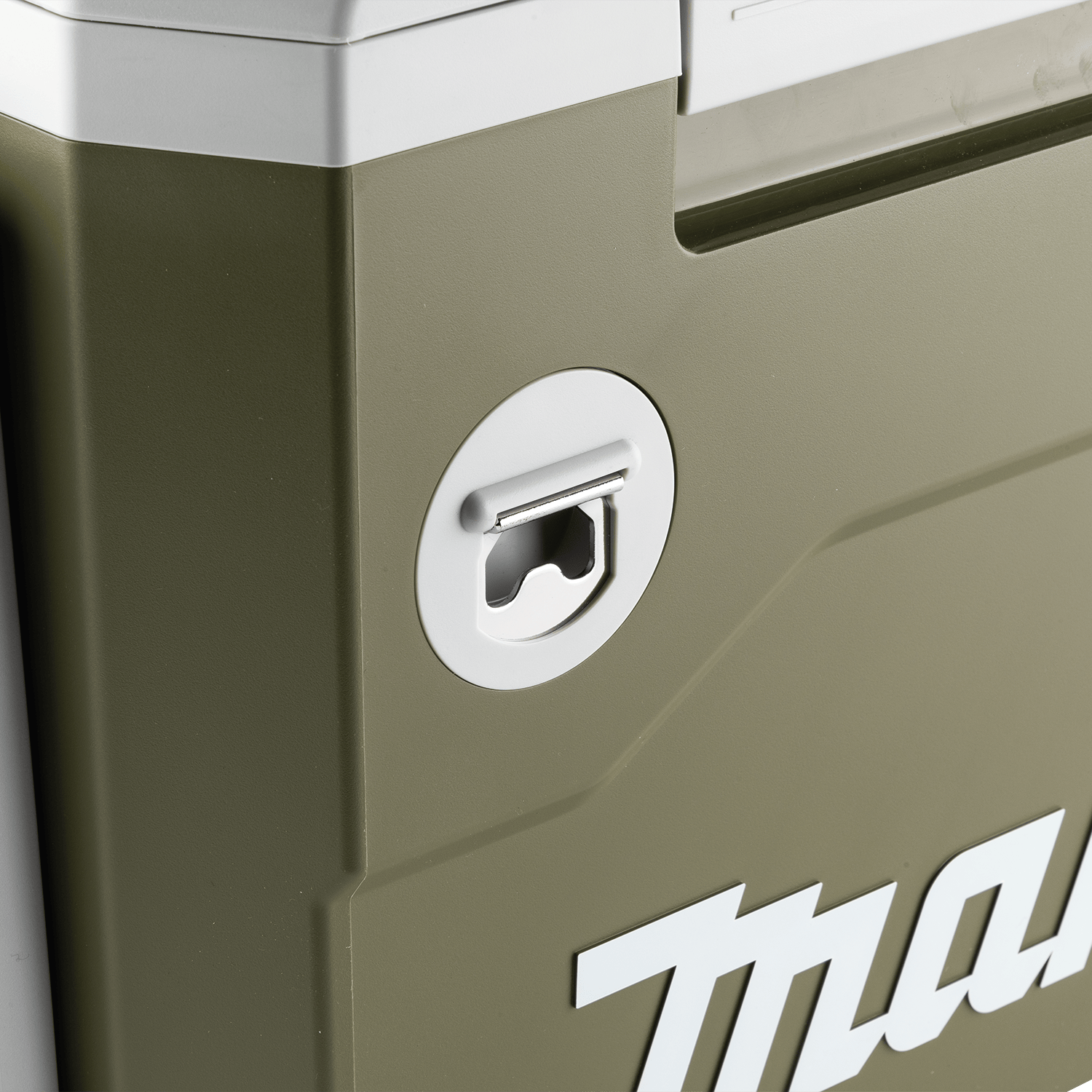 Close-up of the built-in metal bottle opener mounted flush on the side housing of the Makita ADCW180Z Outdoor Adventure cooler.