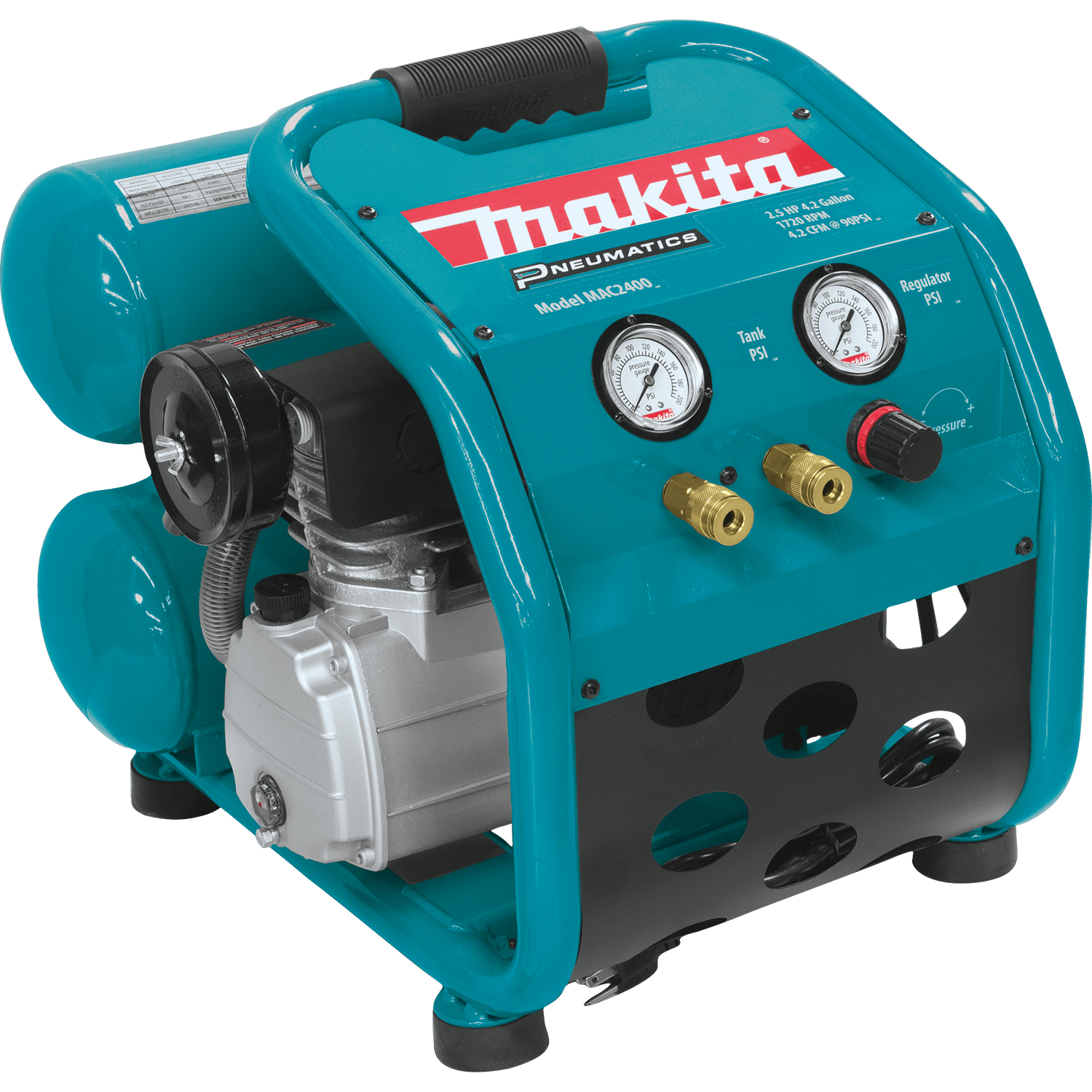 Makita MAC2400 2.5 HP 4.2-gallon twin-stack air compressor with dual 1/4-inch brass quick couplers and roll-cage handle.