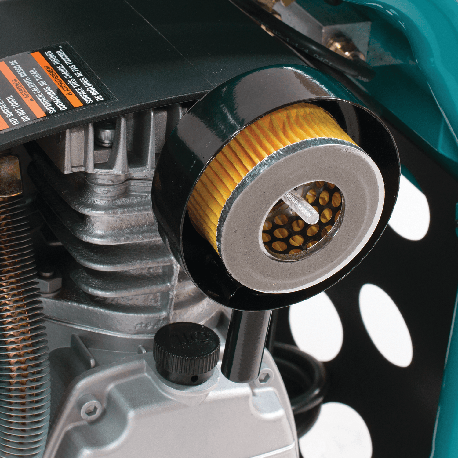 Automotive-style industrial air intake filter cartridge installed on the Makita MAC2400 cast iron pump head.