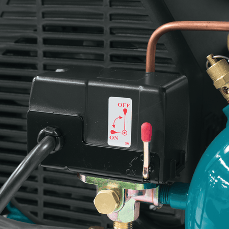 Makita MAC2400 pressure switch box with red on-off lever and unloader valve for dependable motor cycling.