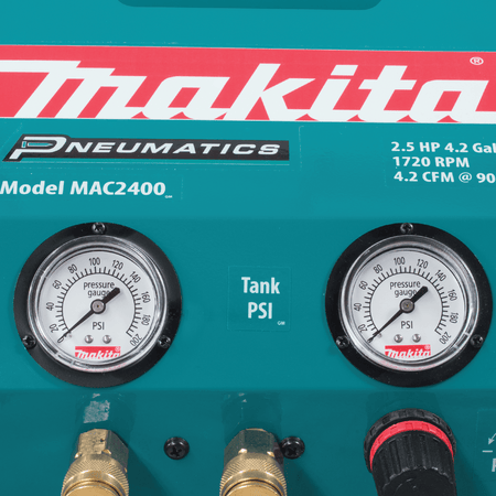 Makita MAC2400 control console displaying tank and regulator PSI pressure gauges, brass couplers, and adjustment knob.