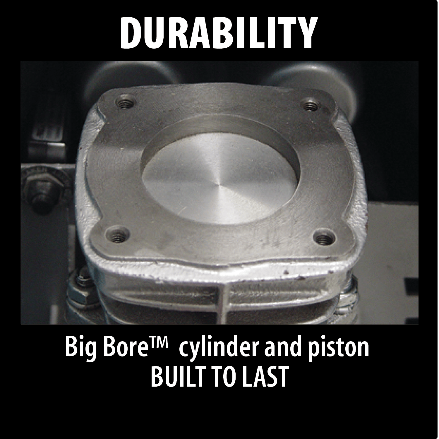 Makita Big Bore cast iron cylinder and piston engineered for increased compression, fast recovery, and durability.