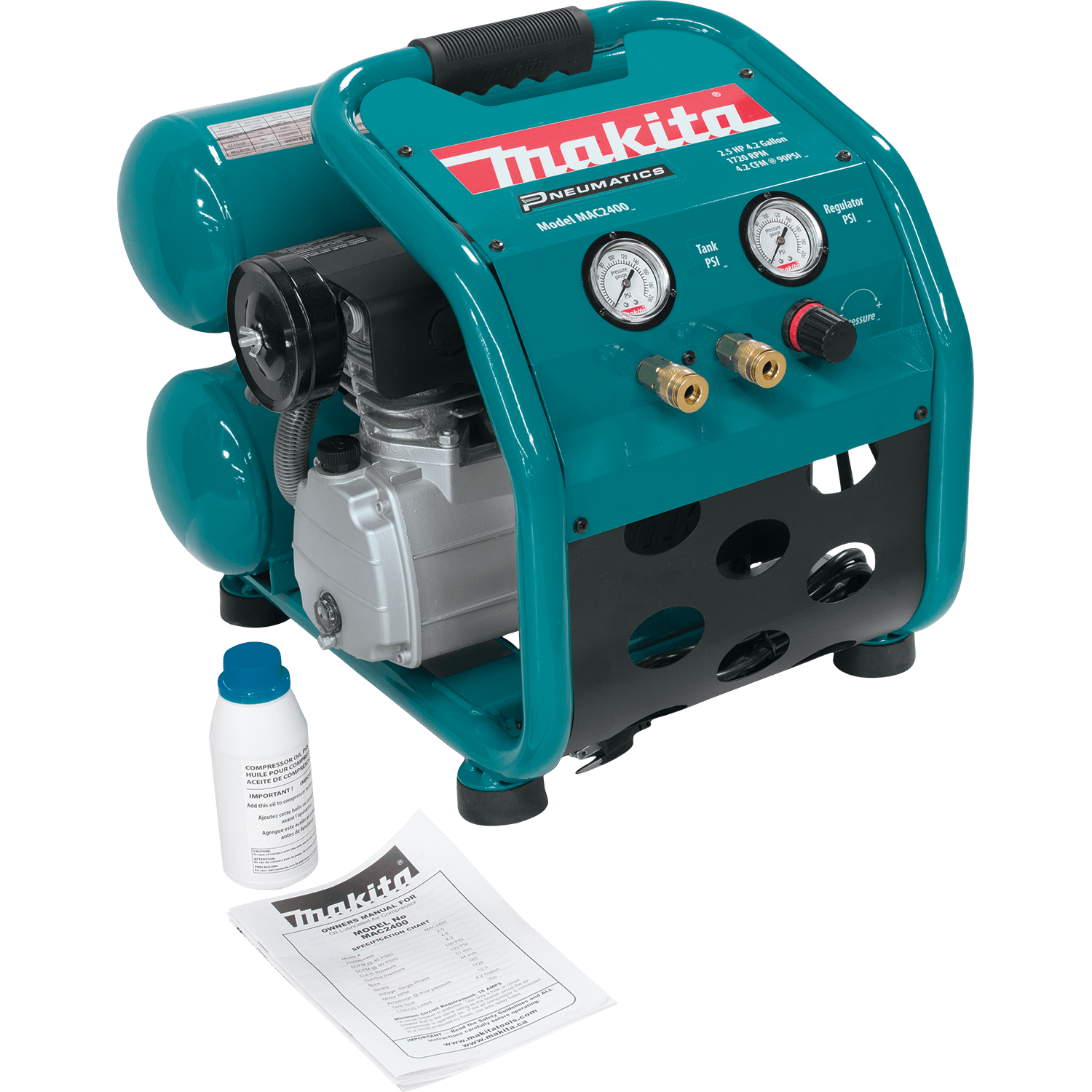 Makita MAC2400 4.2-gallon air compressor kit including owner manual and bottle of premium compressor lubricating oil.