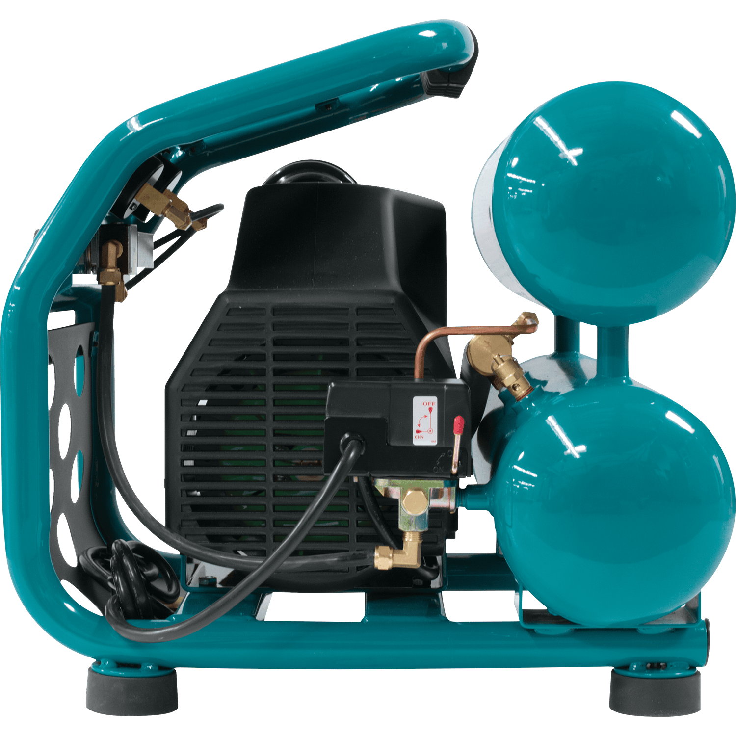 Side profile of Makita MAC2400 twin-stack air tanks showing pressure switch, power cord, and unloader valve assembly.