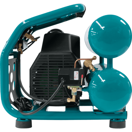 Side profile of Makita MAC2400 twin-stack air tanks showing pressure switch, power cord, and unloader valve assembly.