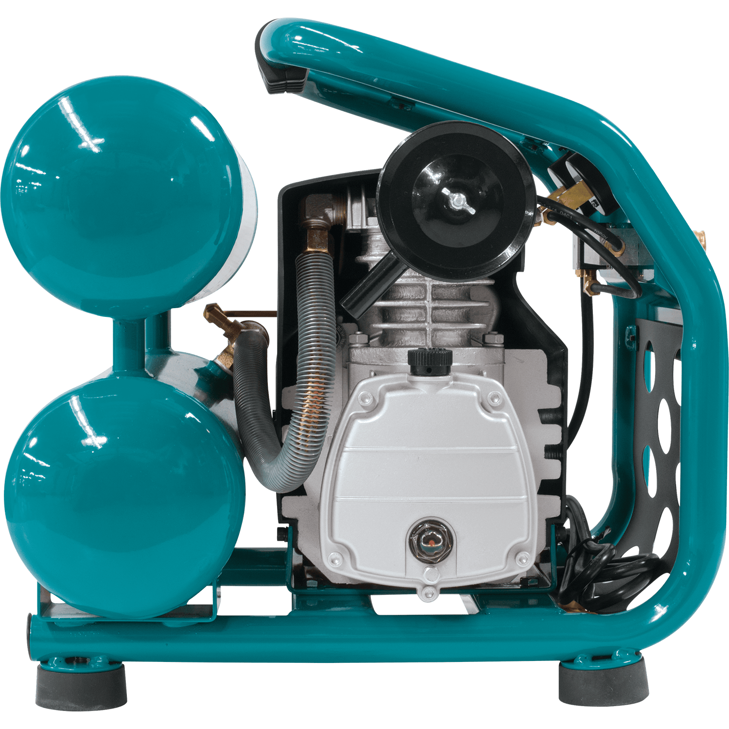 Side profile of Makita MAC2400 twin-stack air tanks showing pressure switch, power cord, and unloader valve assembly.
