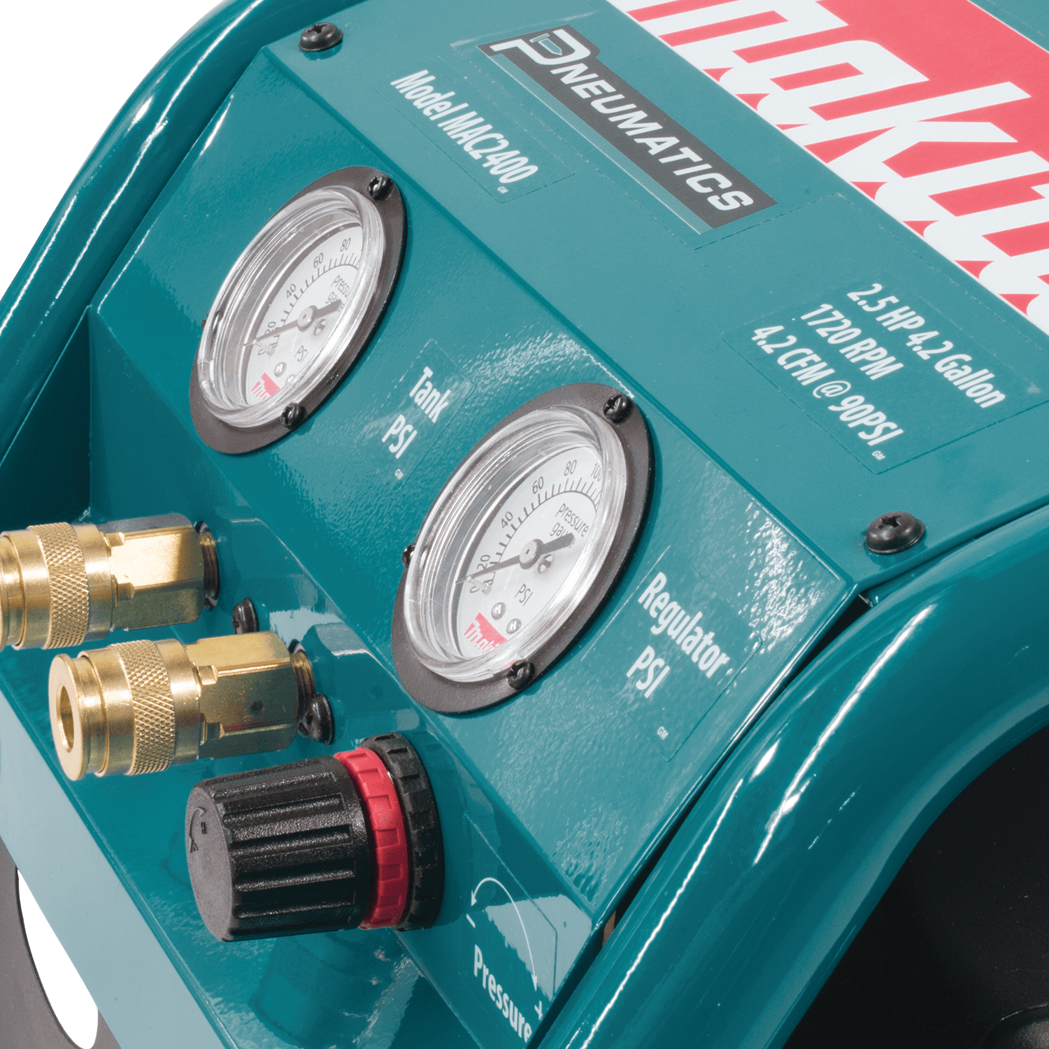 Makita MAC2400 control console featuring tank pressure gauge, regulated line gauge, brass couplers, and regulator knob.