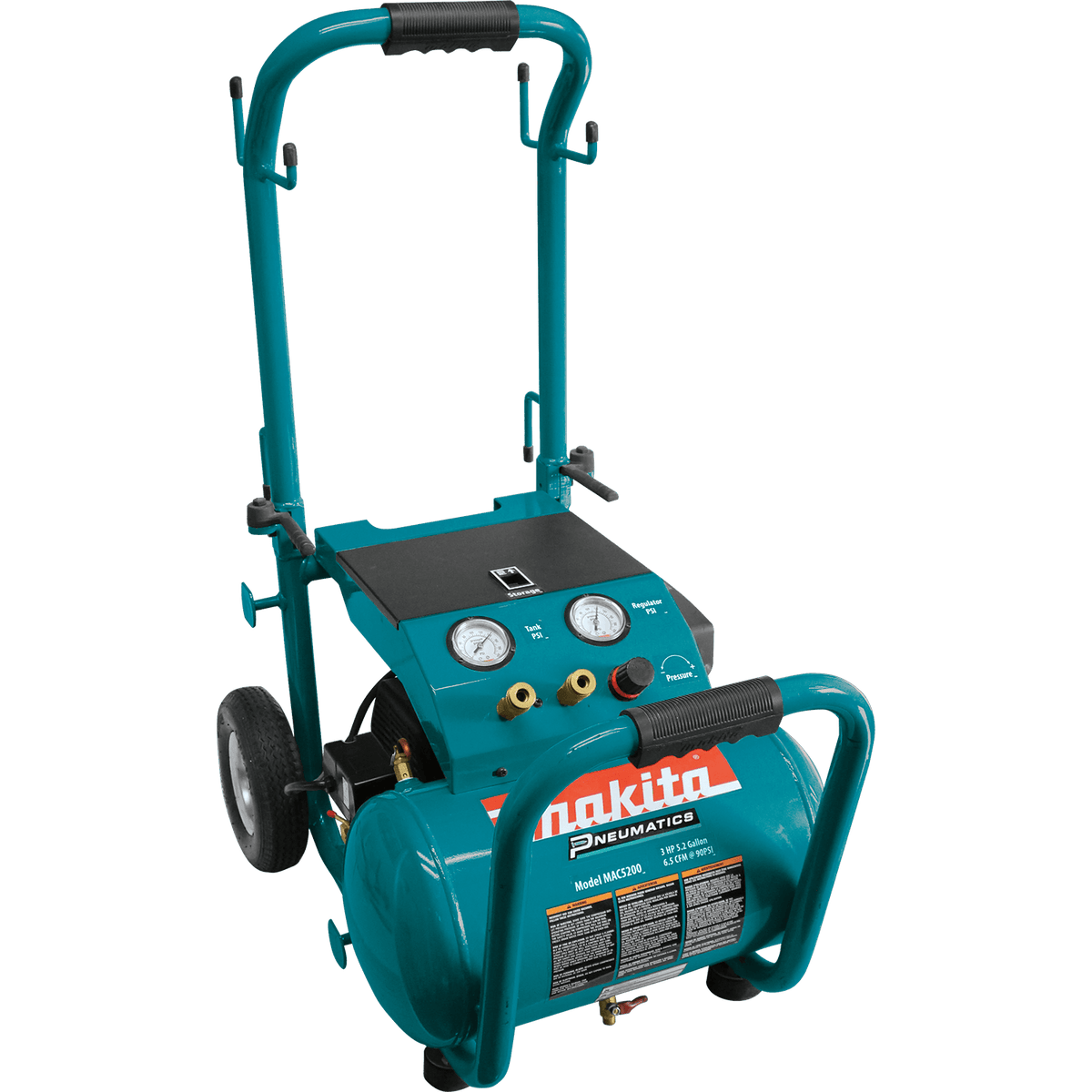 Makita MAC5200 3.0 HP 5.2-gallon wheeled air compressor with dual 1/4-inch quick couplers and folding handle.