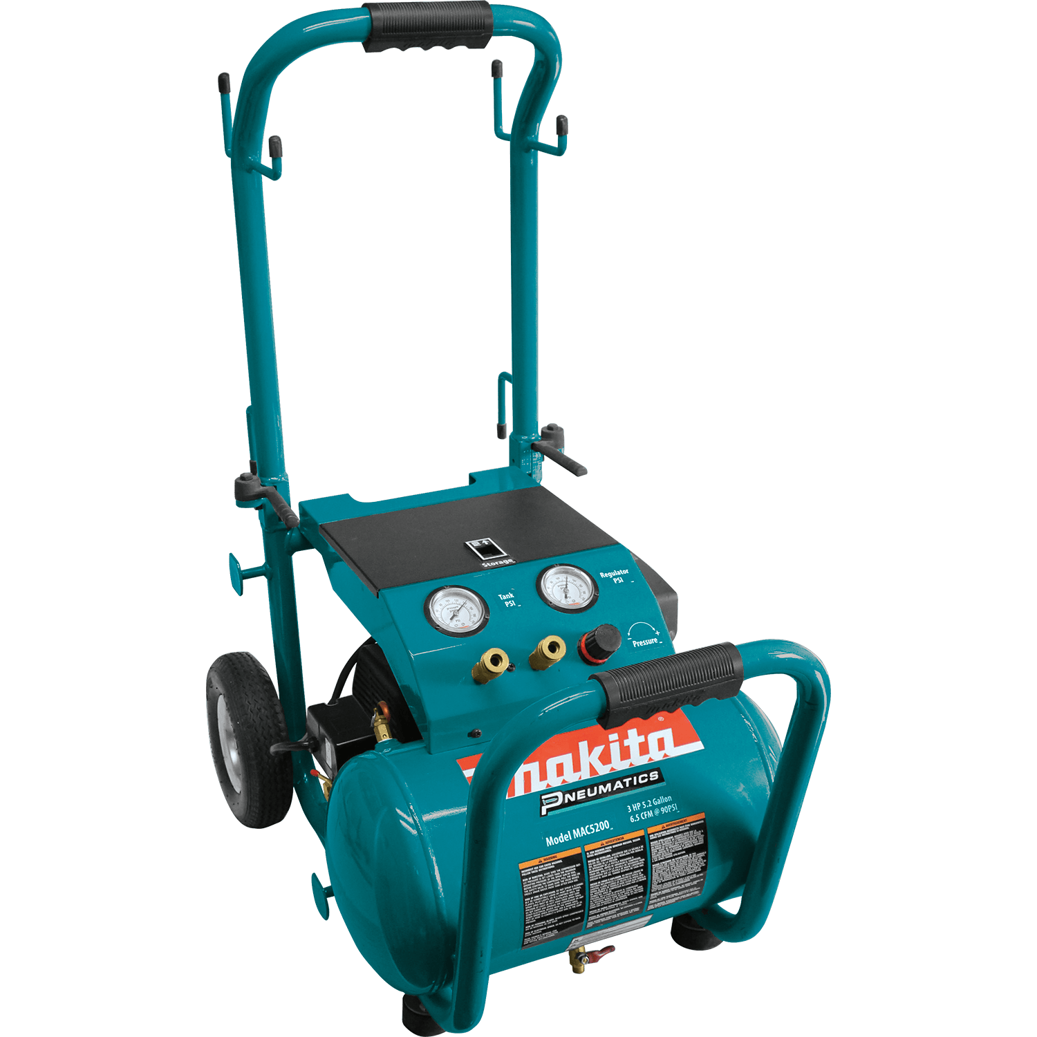 Makita MAC5200 3.0 HP 5.2-gallon wheeled air compressor with dual 1/4-inch quick couplers and folding handle.