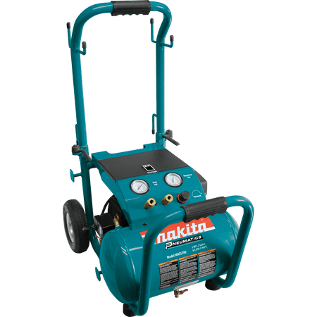 Makita MAC5200 3.0 HP 5.2-gallon wheeled air compressor with dual 1/4-inch quick couplers and folding handle.