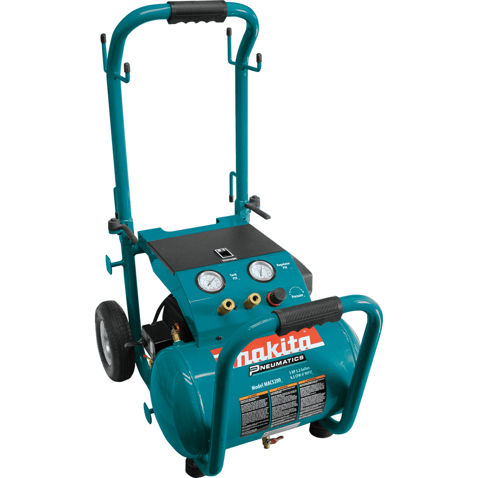 Makita MAC5200 3.0 HP 5.2-gallon wheeled air compressor with dual 1/4-inch quick couplers and folding handle.