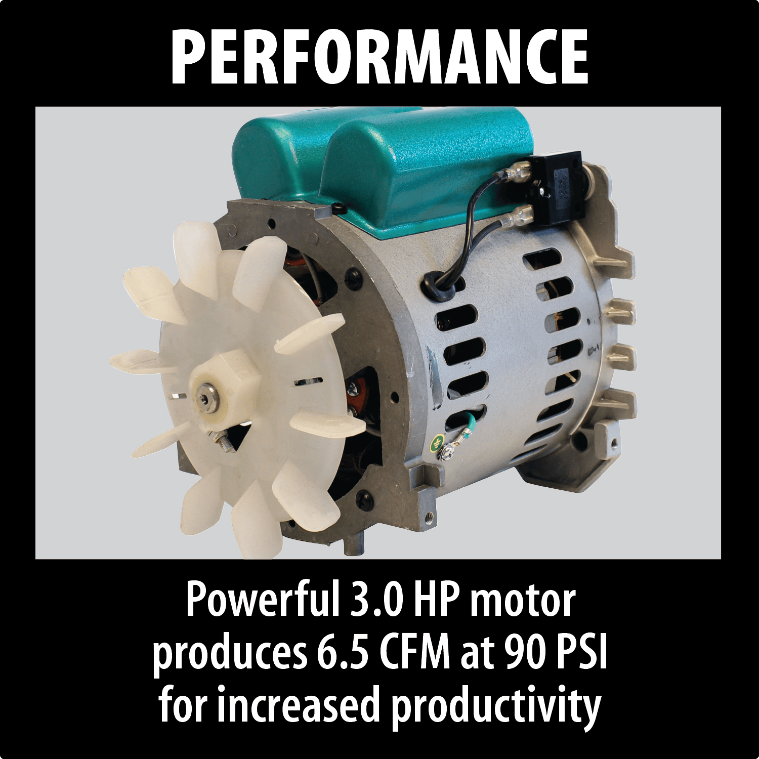 Makita MAC5200 3.0 HP electric motor with integrated cooling fan engineered to deliver 6.5 CFM at 90 PSI.