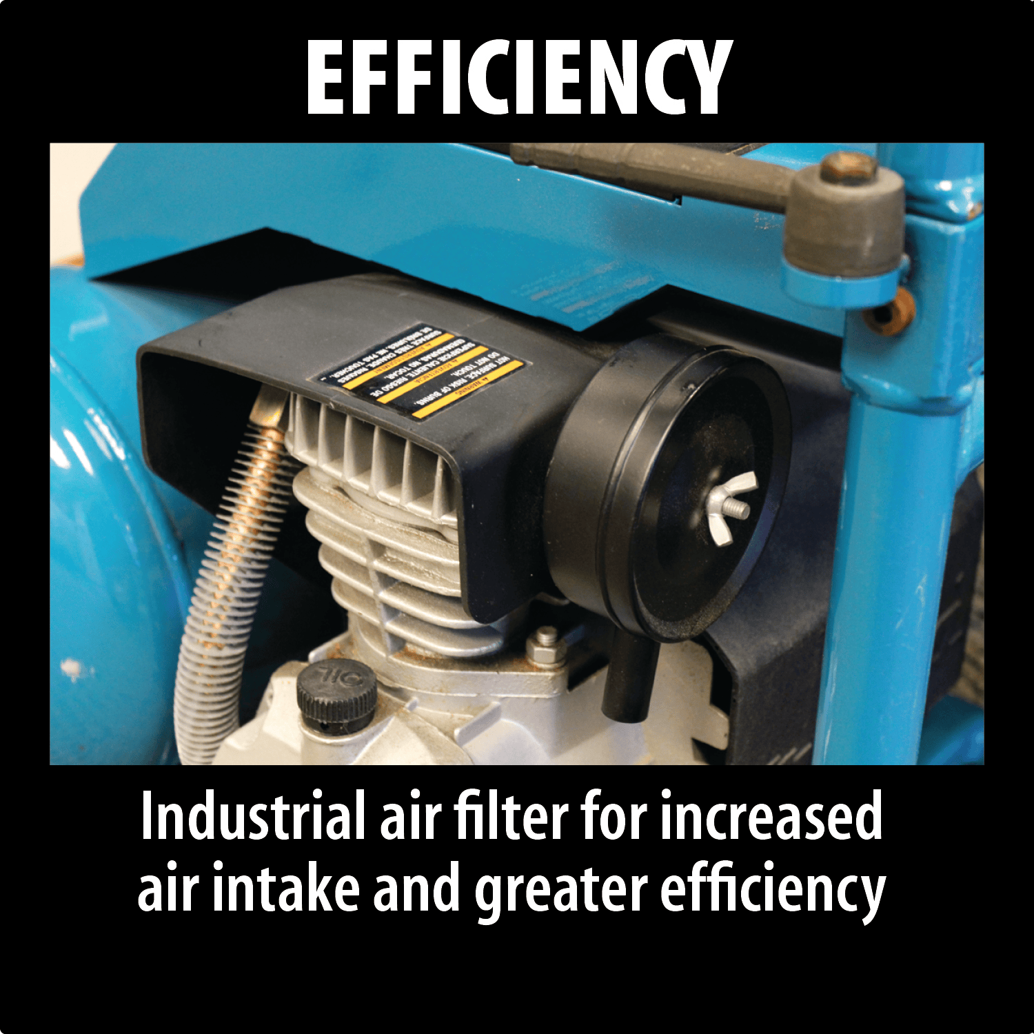 Makita MAC5200 cast iron pump head showing automotive-style industrial air intake filter and finned cooling tube.